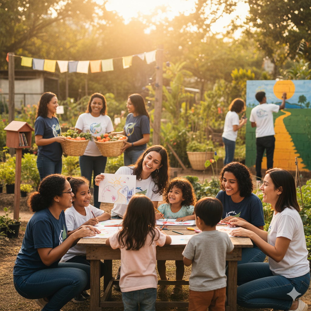 Voluntários e famílias em atividade comunitária