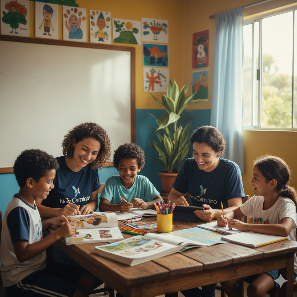Crianças em atividade de reforço escolar